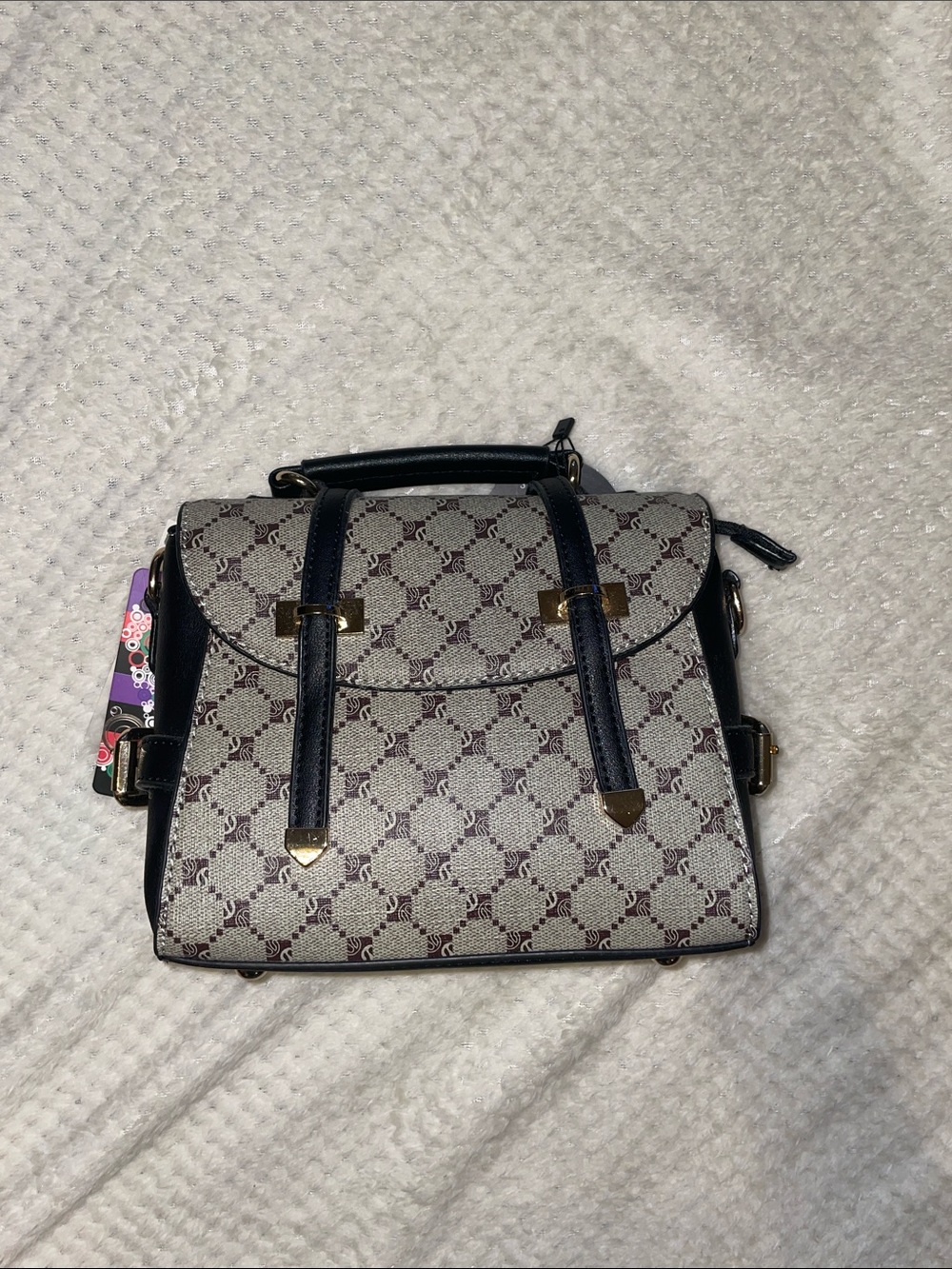 Structured Top-Handle Satchel Handbag in Beige and Black